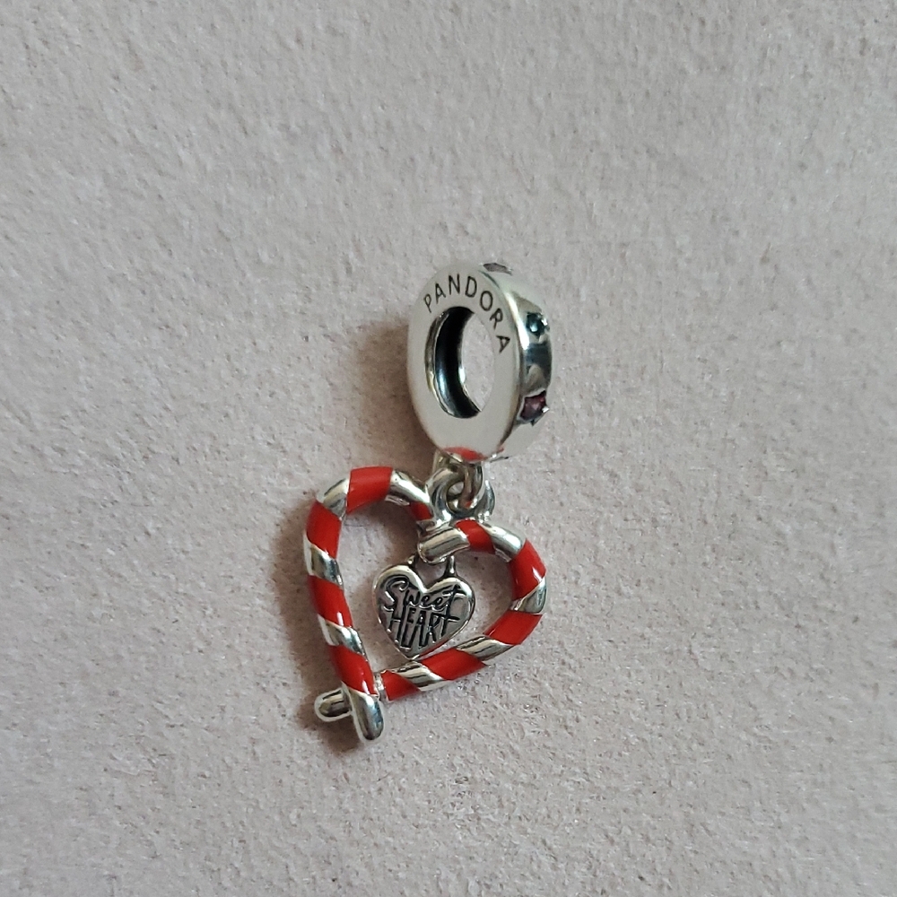 Pandora Double Candy Cane Heart Christmas Dangle Charm